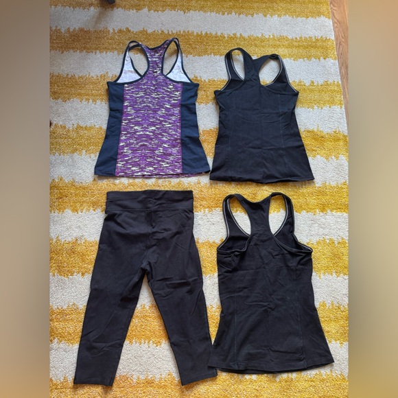 People Tree set Black & Purple Yoga Athletic Cross Back Tops & Cropped Leggings - Picture 2 of 10